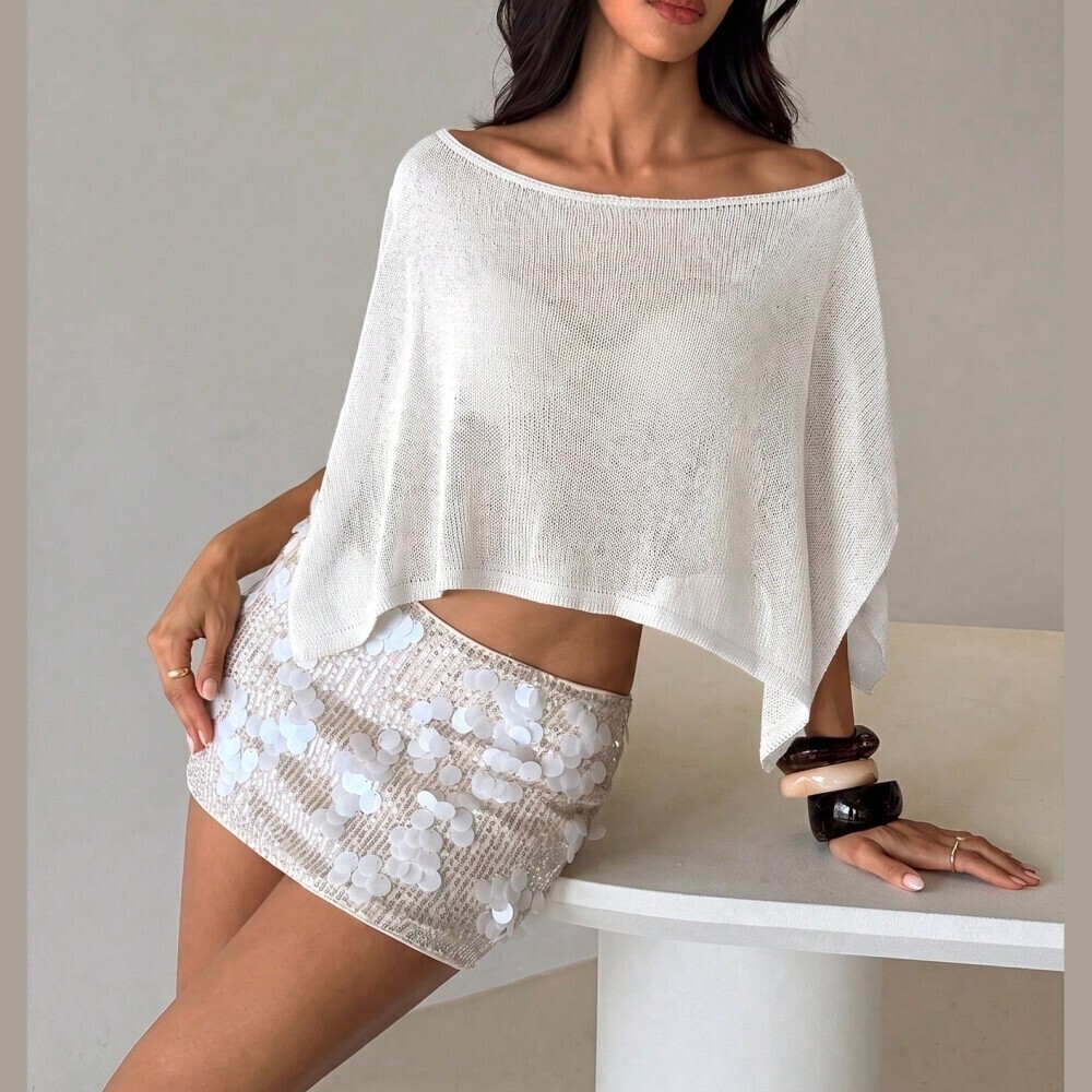 White Loose Knit Off Shoulder Poncho Crop Sweater